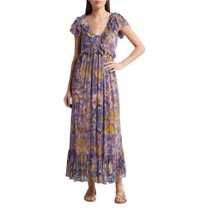 Cleobella Helene Azucar Print Ruffle Flutter Sleeve Smocked Maxi Dress